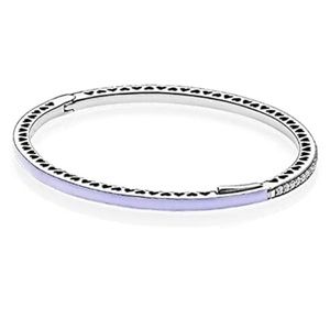 Silver Radiant Hearts of Pandora Bangle with lavender enamel  size large